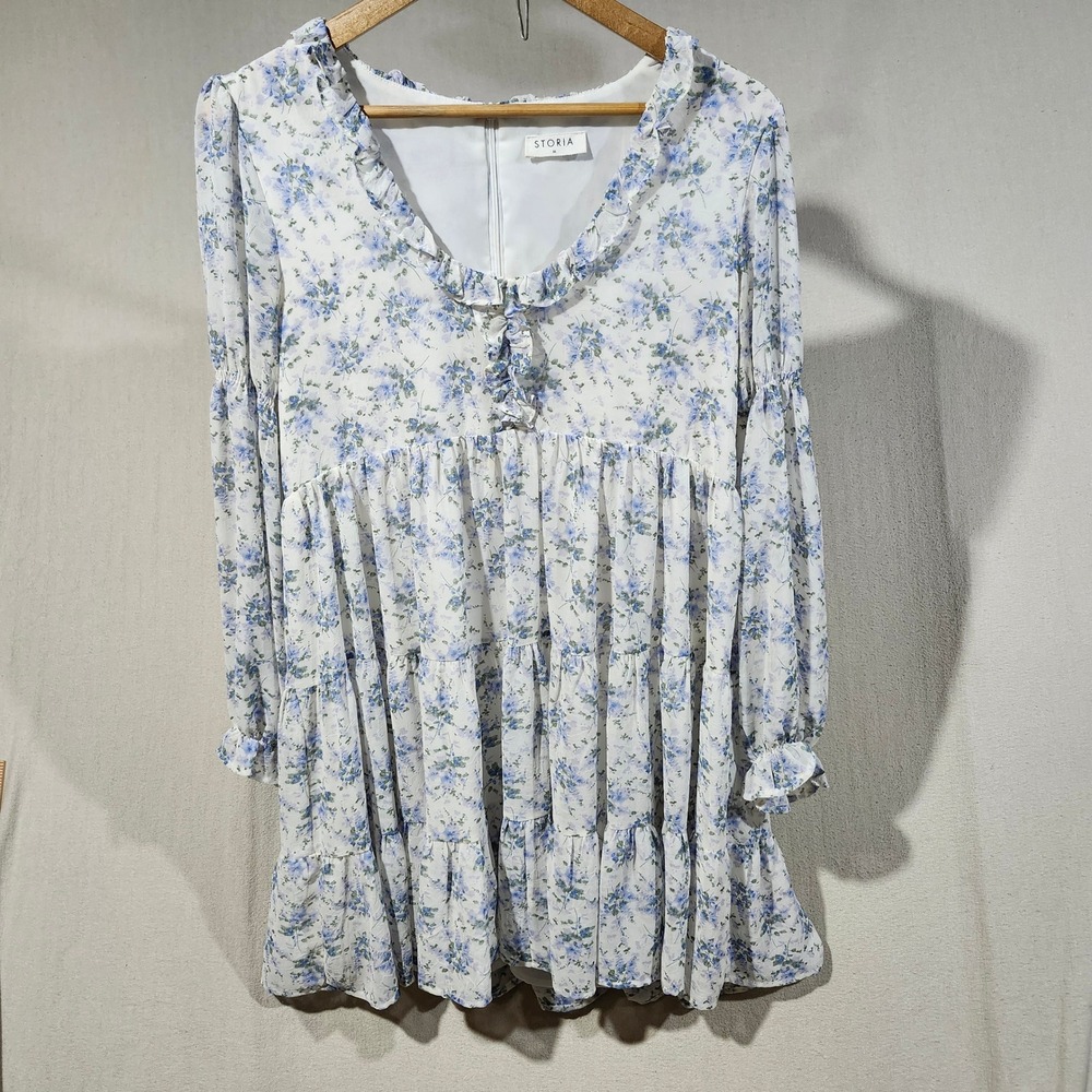 Storia Women Blue Floral Ruffle V-Neck Tiered Babydoll Mini Dress Size M Cottage